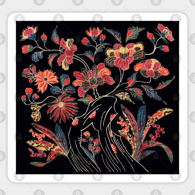 COLORFUL FLOWERS AND BLOSSOMS Antique Japanese Floral In Black Sticker by BulganLumini